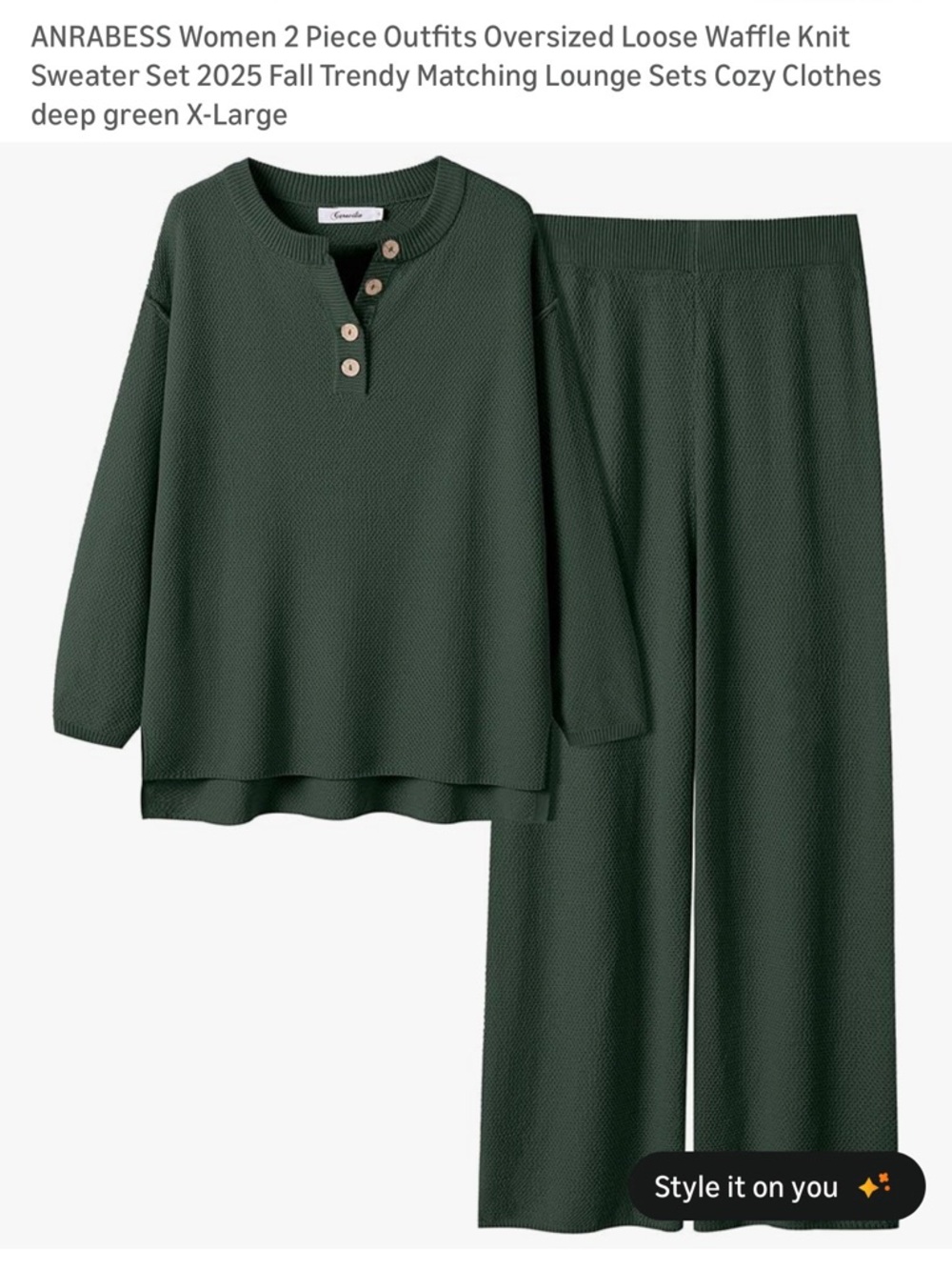 Cozy Dark Green Knit Henley Loungewear Set, XL